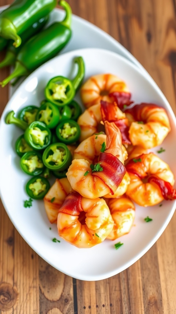 Bacon-Wrapped Jalapeño Shrimp Air Fryer Recipe Crispy bacon-wrapped jalapeño shrimp on a plate, garnished with herbs.